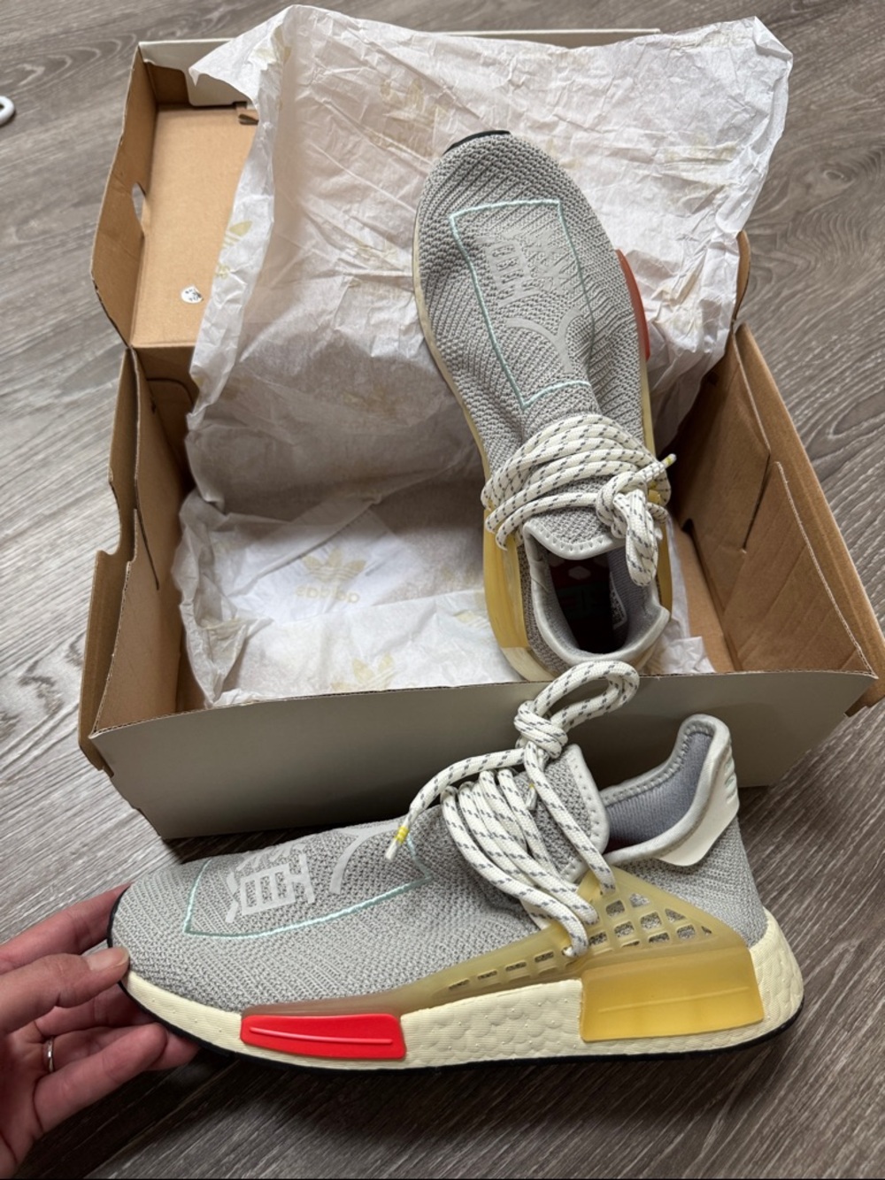 adidas x Pharrell Williams Grey Knit Hu Sneakers with Yellow and Red Accents 39